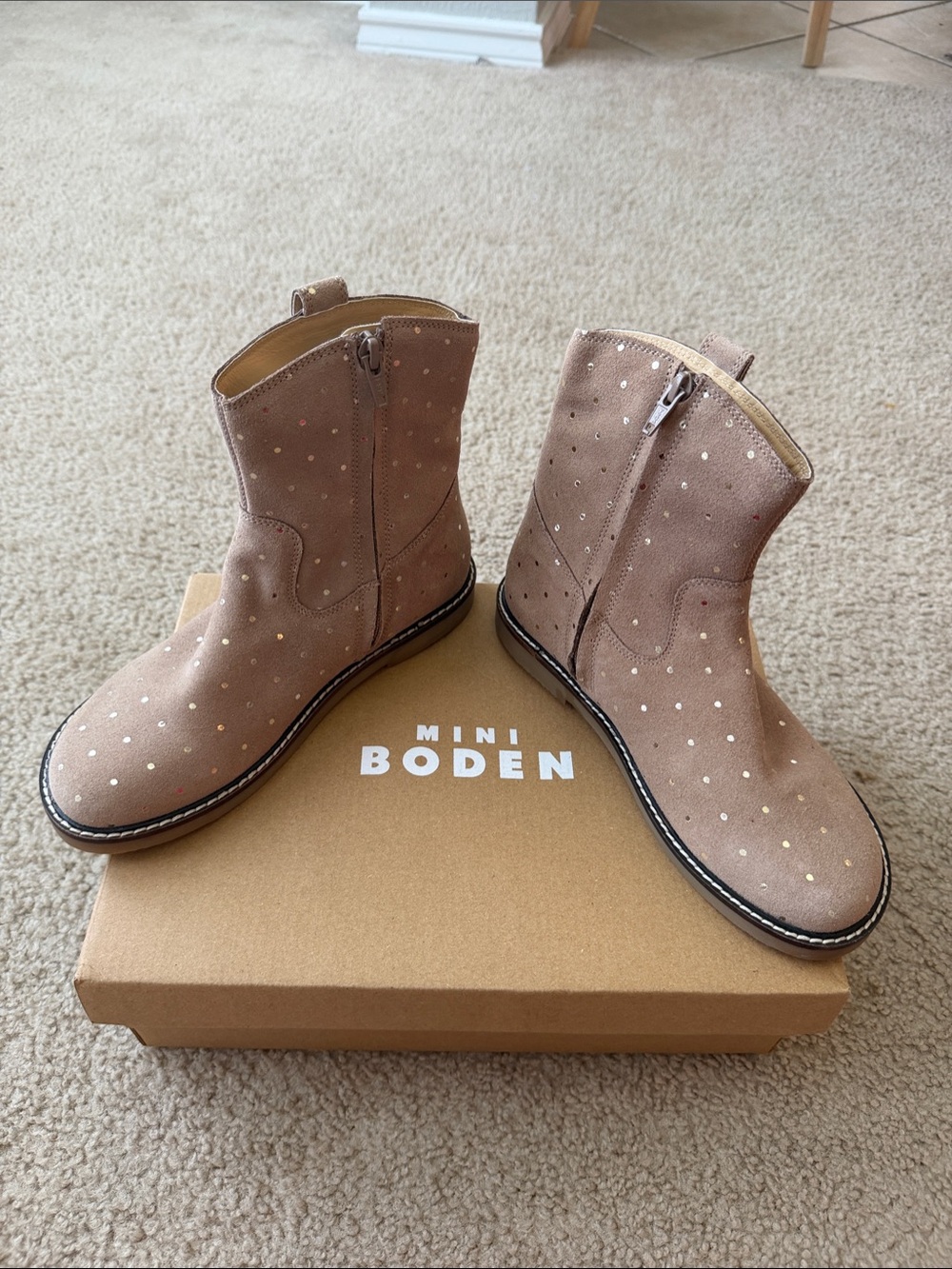 Mini Boden Taupe Suede Ankle Boots with Metallic Dot Detail